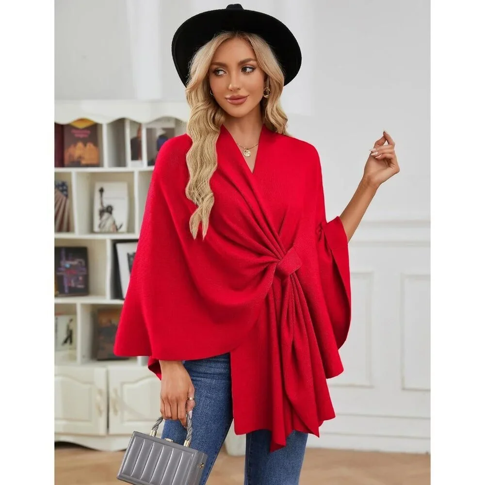 Women's Red Elegant Open Poncho Sweater For Spring Fall Winter Shawl Wraps